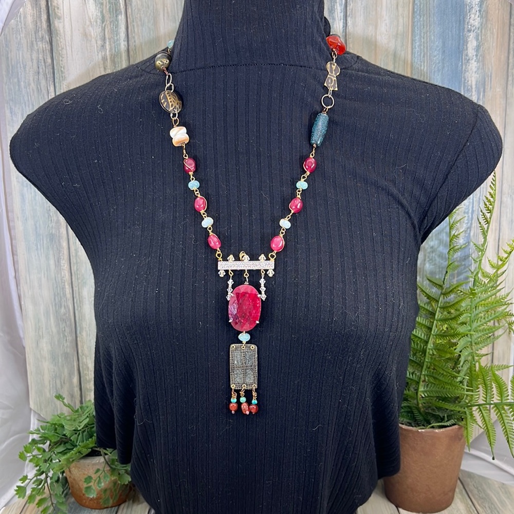 Handcrafted Pink & Turquoise Statement Pendant Necklace